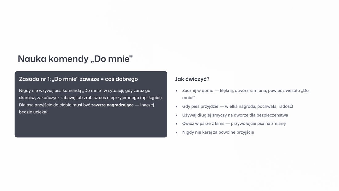 Strona z nauką komendy Do mnie